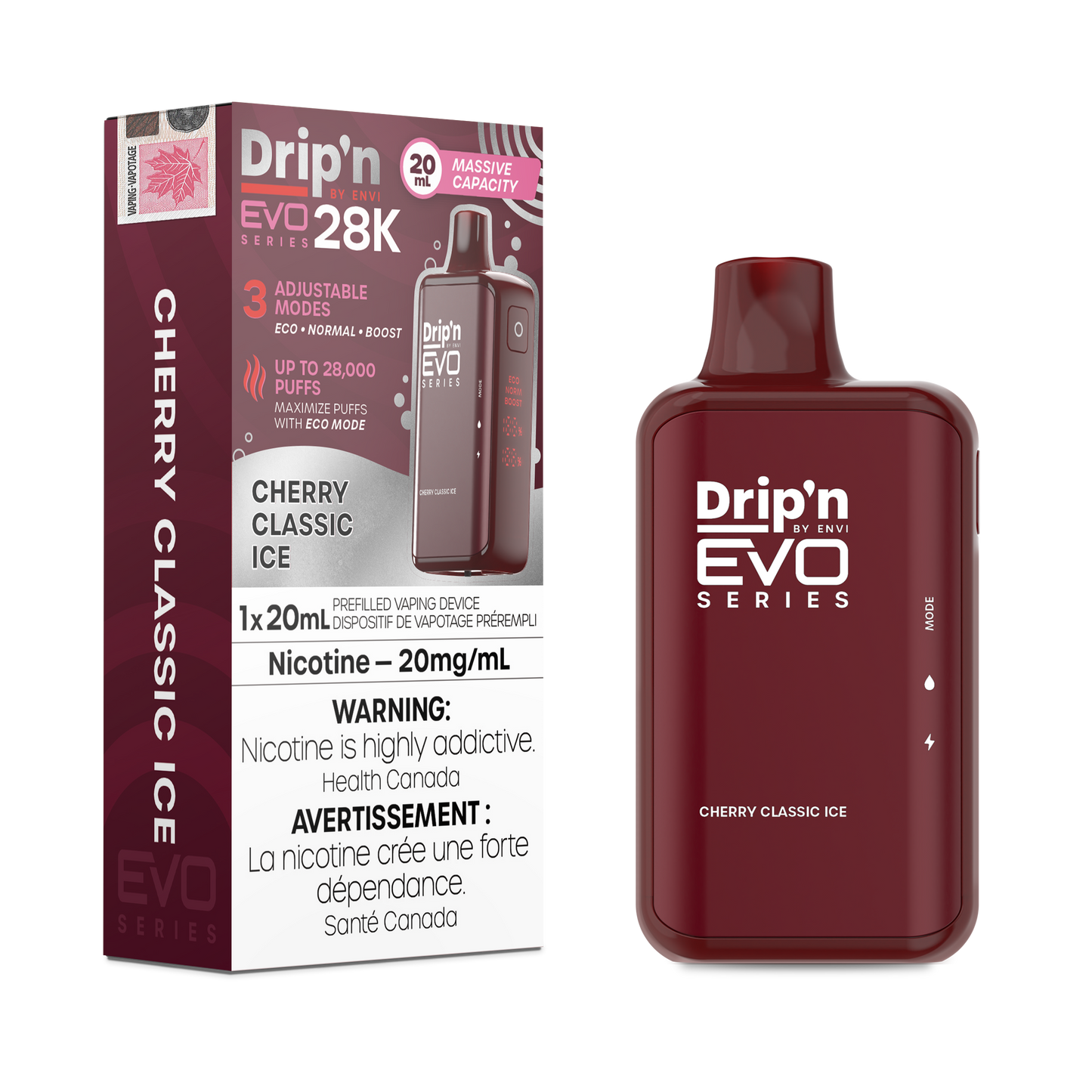 Drip'n 28K EVO disposable vape. Up to 28000 puffs per disposable, mesh coil for great flavour, adjustable airflow and three power modes