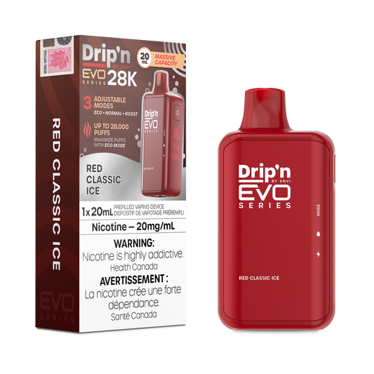 Drip'n 28K EVO disposable vape. Up to 28000 puffs per disposable, mesh coil for great flavour, adjustable airflow and three power modes