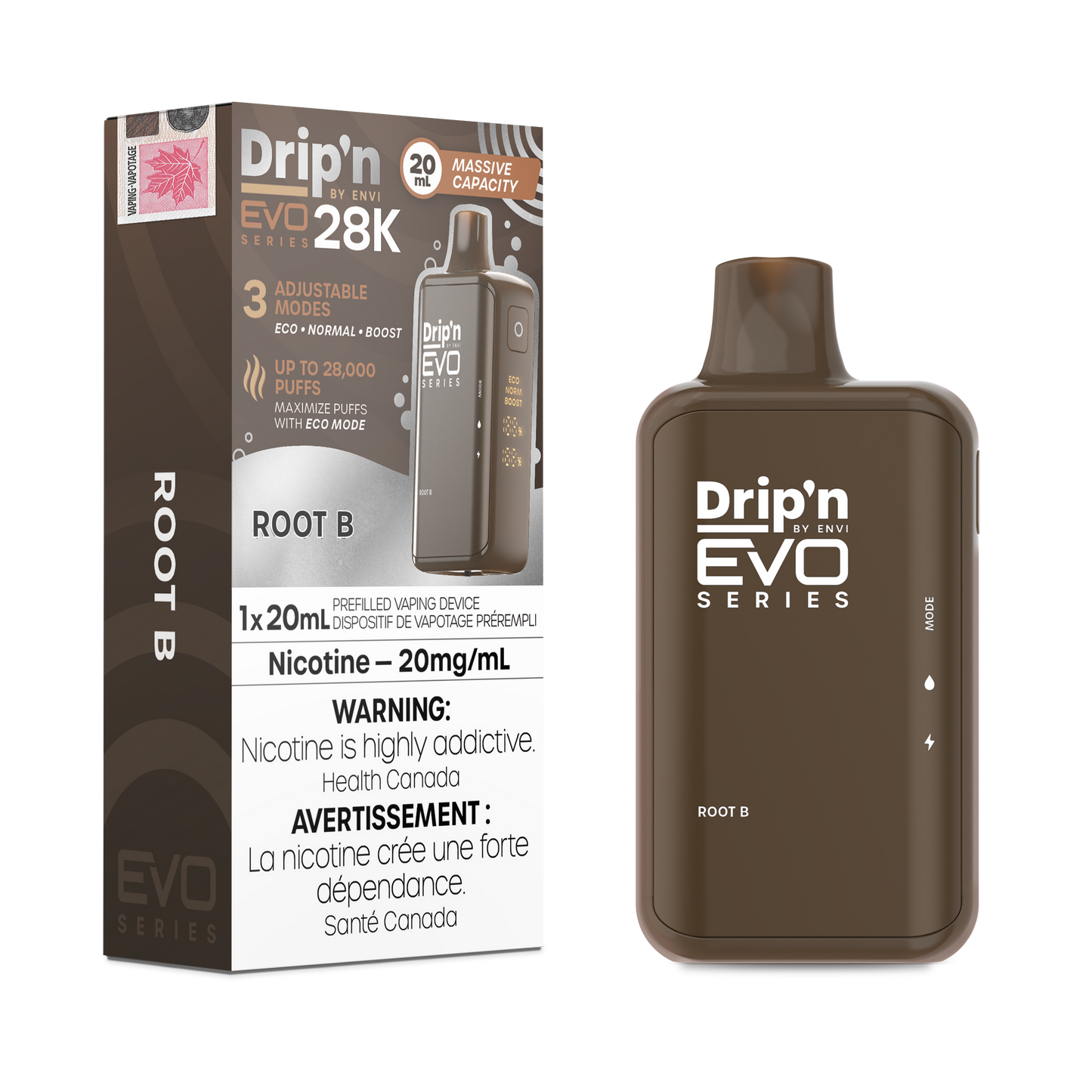 Drip'n 28K EVO disposable vape. Up to 28000 puffs per disposable, mesh coil for great flavour, adjustable airflow and three power modes