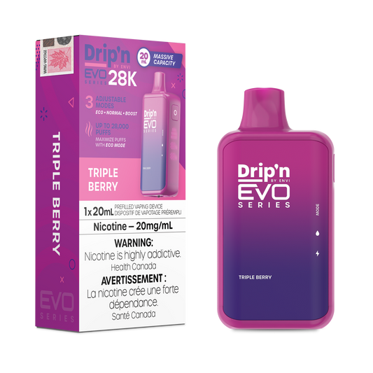 Drip'n 28K EVO disposable vape. Up to 28000 puffs per disposable, mesh coil for great flavour, adjustable airflow and three power modes