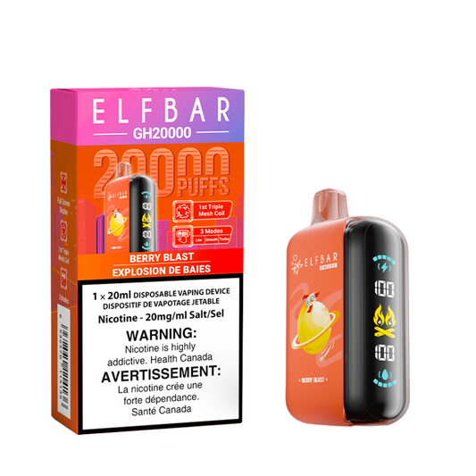 Elf Bar GH20000 Berry Blast delivers up to 20,000 puffs of sweet and tart mixed berry flavor with customizable modes and rich vapor.