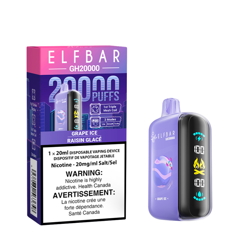 Elf Bar GH20000 Grape Ice delivers up to 20,000 puffs of sweet grape with a cool icy finish, customizable modes, and rich vapor.