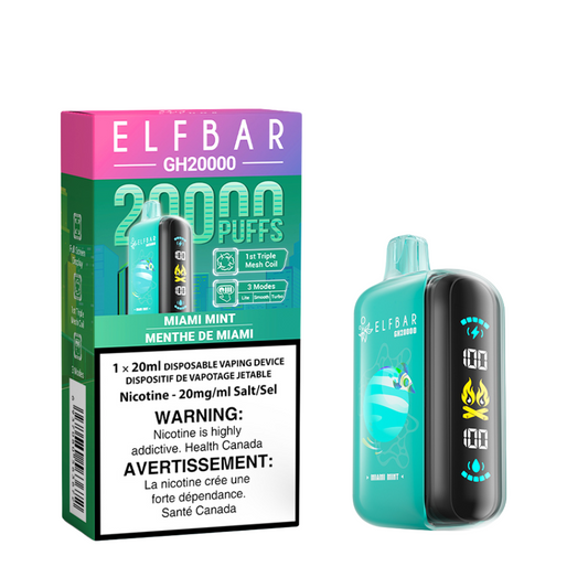 Elf Bar GH20000 Miami Mint delivers up to 20,000 puffs of crisp, refreshing mint flavor with customizable modes and rich vapor.