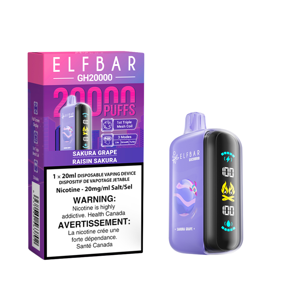 Elf Bar GH20000 Sakura Grape delivers up to 20,000 puffs of floral sakura and sweet grape flavor with customizable modes and rich vapor.