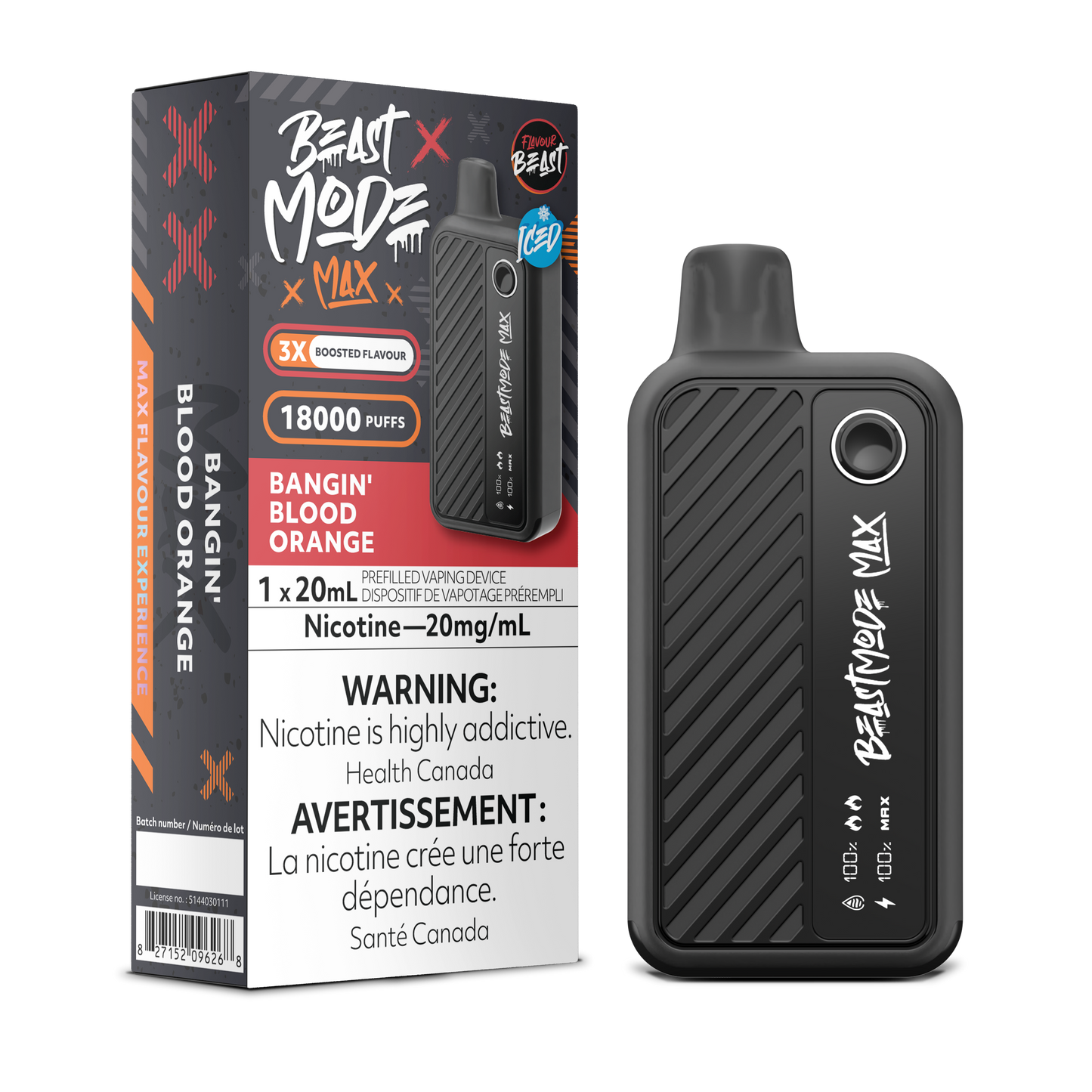 Experience the bold citrus burst of Flavour Beast Beast Mode Max 18K Bangin' Blood Orange Iced disposable vape. Enjoy up to 18,000 puffs of tangy blood orange with a refreshing icy finish, featuring adjustable power modes and an LED display for real-time monitoring.