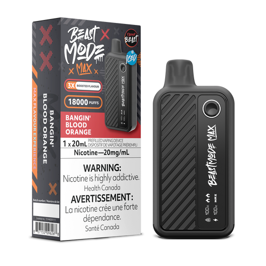 Experience the bold citrus burst of Flavour Beast Beast Mode Max 18K Bangin' Blood Orange Iced disposable vape. Enjoy up to 18,000 puffs of tangy blood orange with a refreshing icy finish, featuring adjustable power modes and an LED display for real-time monitoring.
