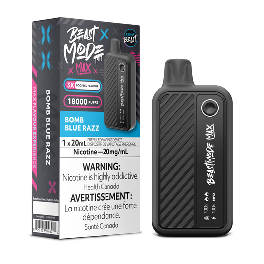 Flavour Beast Beast Mode Max Bomb Blue Razz disposable vape delivers up to 18,000 puffs of sweet and tangy blue raspberry flavor with adjustable modes and airflow control.