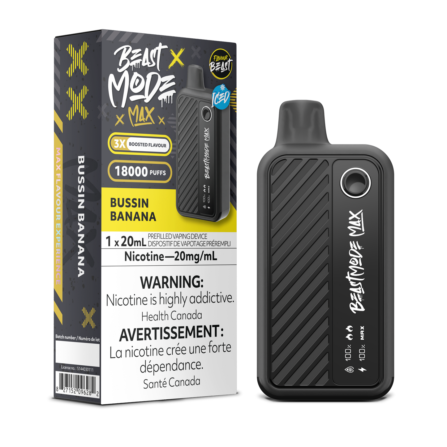 Flavour Beast Beast Mode Max Bussin' Banana Iced disposable vape offers up to 18,000 puffs of creamy banana flavor with a refreshing icy finish and adjustable modes.