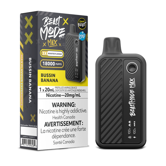 Flavour Beast Beast Mode Max Bussin' Banana Iced disposable vape offers up to 18,000 puffs of creamy banana flavor with a refreshing icy finish and adjustable modes.