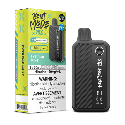 Flavour Beast Beast Mode Max Extreme Mint Iced disposable vape offers up to 18,000 puffs of intense mint flavor with adjustable modes and LED display for a customizable experience.
