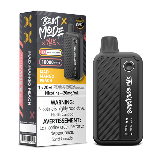 Flavour Beast Beast Mode Max Mad Mango Peach disposable vape offers up to 18,000 puffs of tropical mango and juicy peach flavor with adjustable modes and LED display.