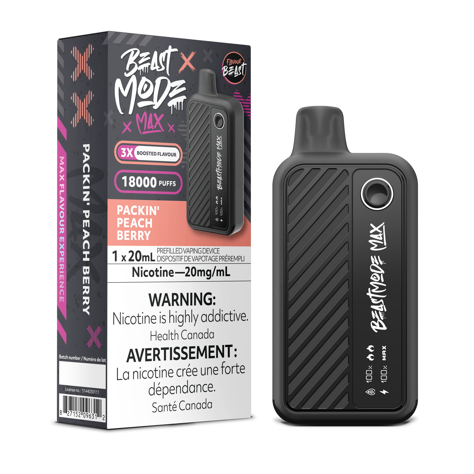 Flavour Beast Beast Mode Max Packin' Peach Berry disposable vape offers up to 18,000 puffs of juicy peaches and mixed berries flavor with adjustable modes and LED display.