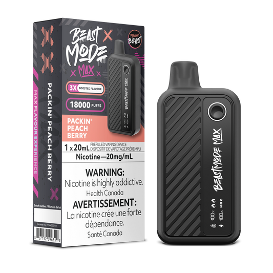 Flavour Beast Beast Mode Max Packin' Peach Berry disposable vape offers up to 18,000 puffs of juicy peaches and mixed berries flavor with adjustable modes and LED display.