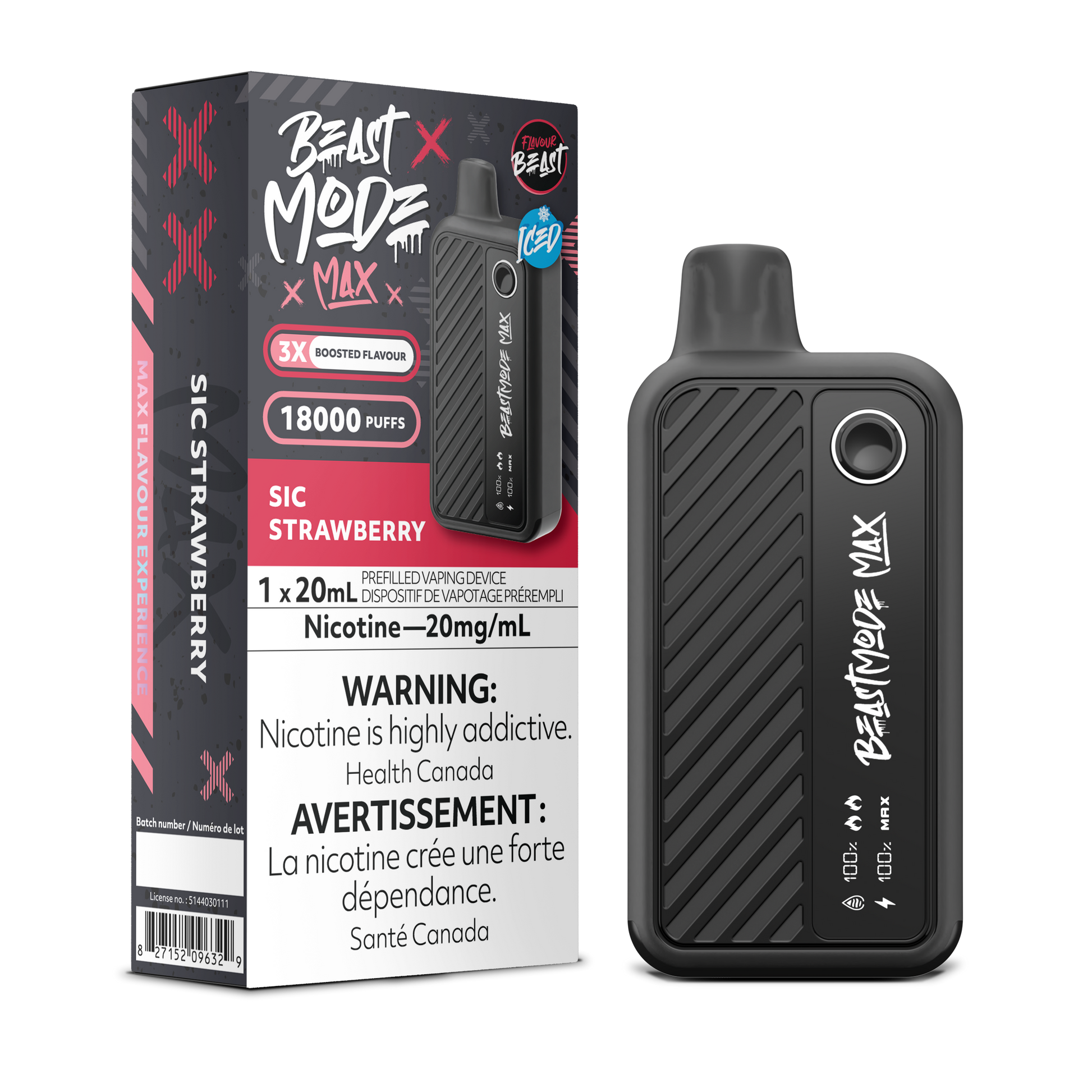 Flavour Beast Beast Mode Max Sic Strawberry disposable vape — up to 18,000 puffs of icy strawberry flavor with LED display, adjustable modes, and sleek rechargeable design.