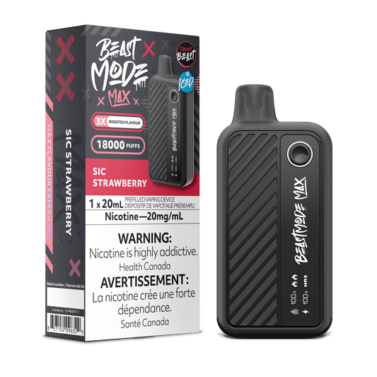 Flavour Beast Beast Mode Max Sic Strawberry disposable vape — up to 18,000 puffs of icy strawberry flavor with LED display, adjustable modes, and sleek rechargeable design.
