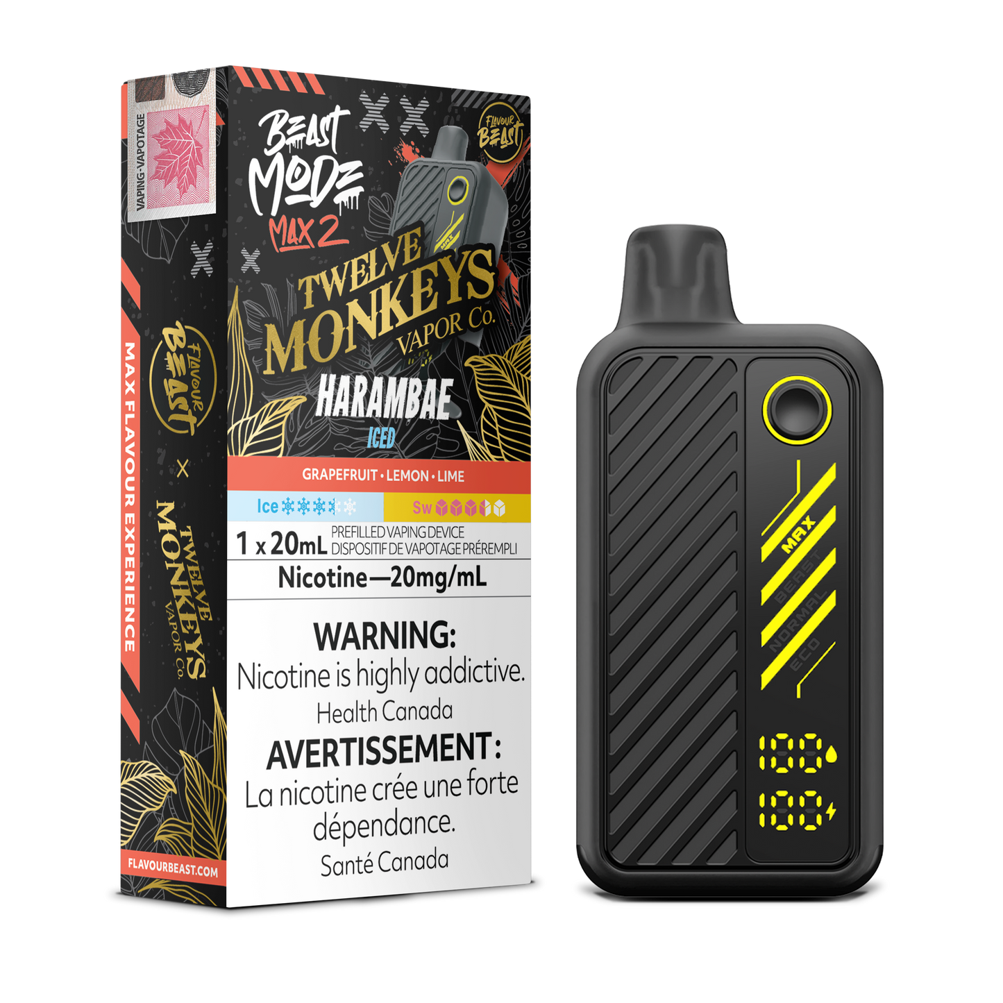 Flavour Beast Beast Mode Max 2 Harambae Iced disposable vape featuring grapefruit, blood orange, lemon, lime & guava blend, up to 50,000 puffs, sleek high-performance design.