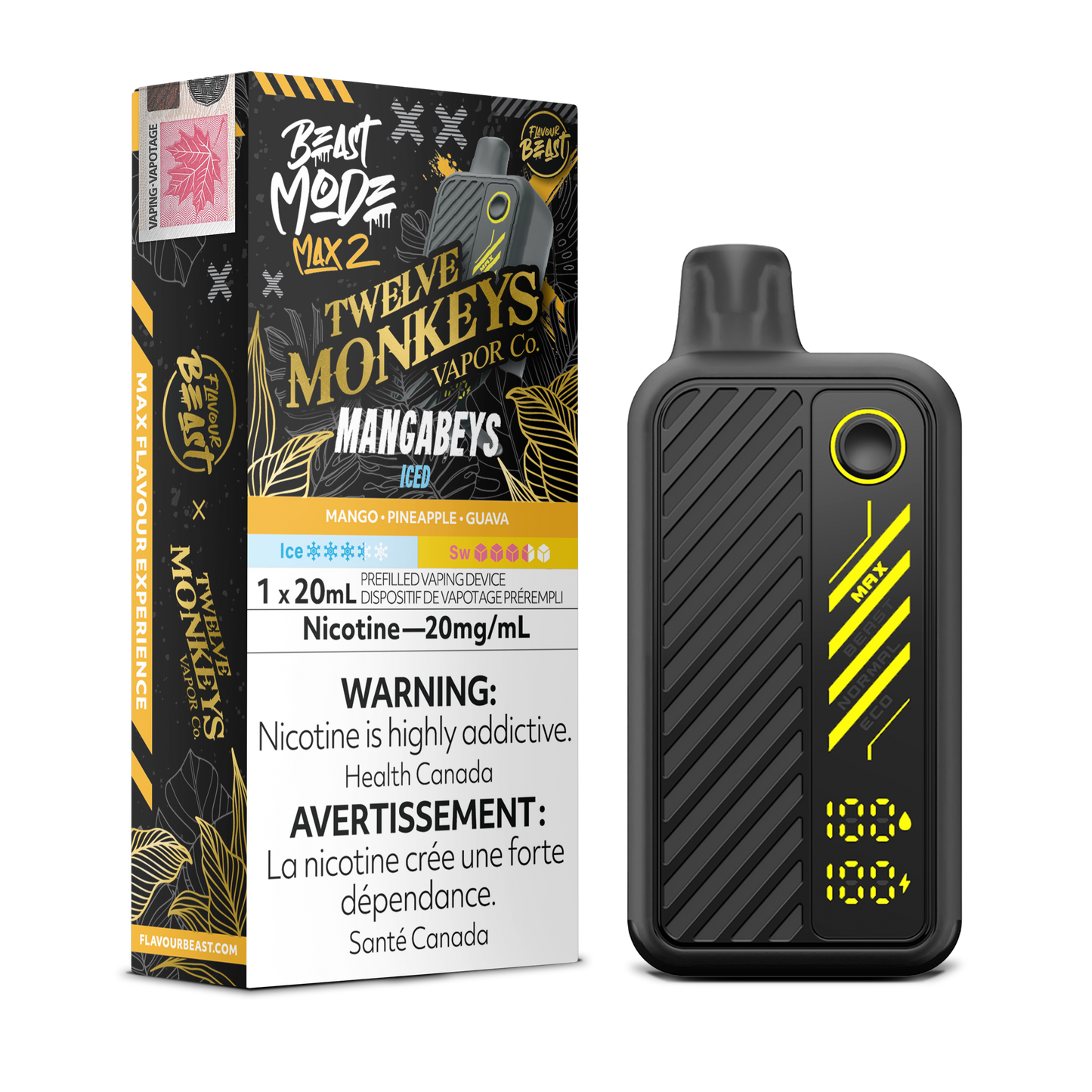 Flavour Beast Beast Mode Max 2 Mangabeys Iced disposable vape — a tropical fusion of pineapple, mango & guava with icy finish, up to 50,000 puffs.