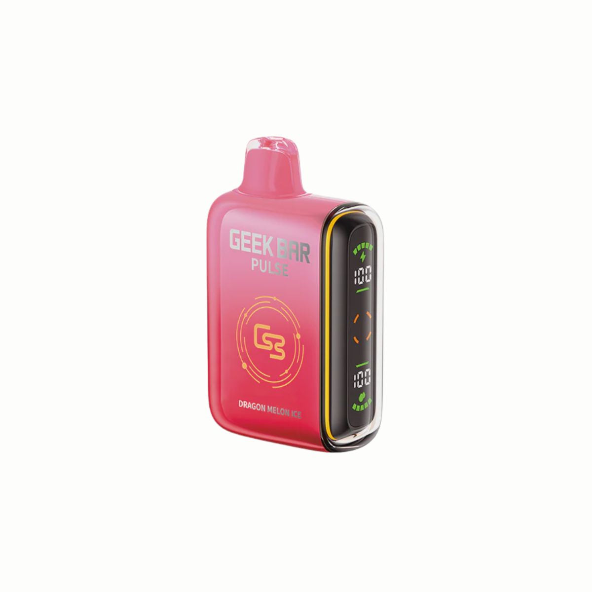 Geek Bar Pulse Disposable Vape Dragon Melon Ice, 9000 puffs, 16mL e-liquid, 20mg nicotine, LED screen, dual mesh coil, USB-C rechargeable, icy tropical flavor.