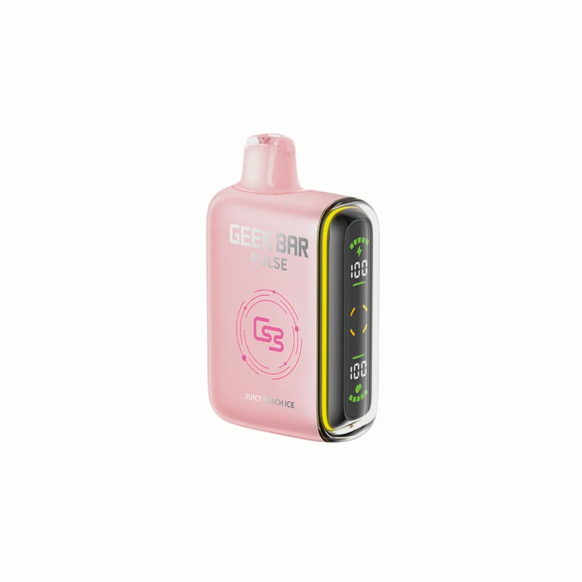 Geek Bar Pulse Disposable Vape Juicy Peach Ice – sweet, ripe peach flavor with a frosty menthol finish, featuring dual mesh coils and LED screen for enhanced vaping.