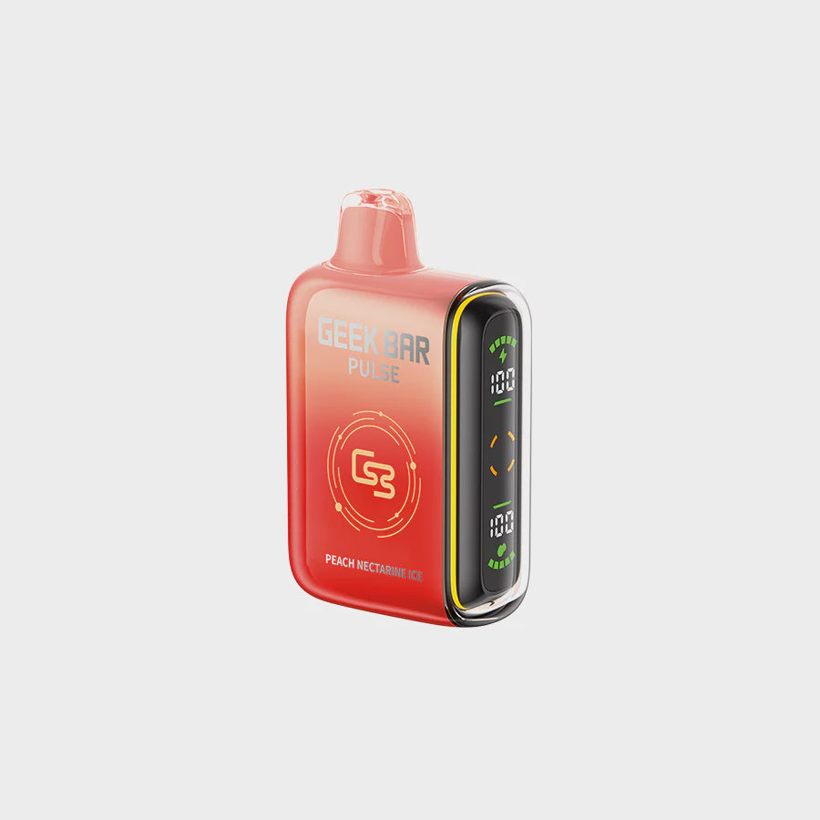 Geek Bar Pulse Disposable Vape Peach Nectarine Ice – sweet peach and nectarine blend with icy menthol, dual mesh coil, LED screen, and Boost Mode.