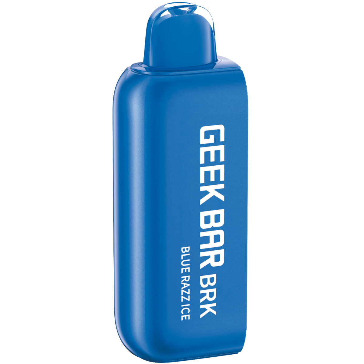 A GEEK BAR BRK pod in blue color with the text 'BLUE RAZZ ICE' printed on it.