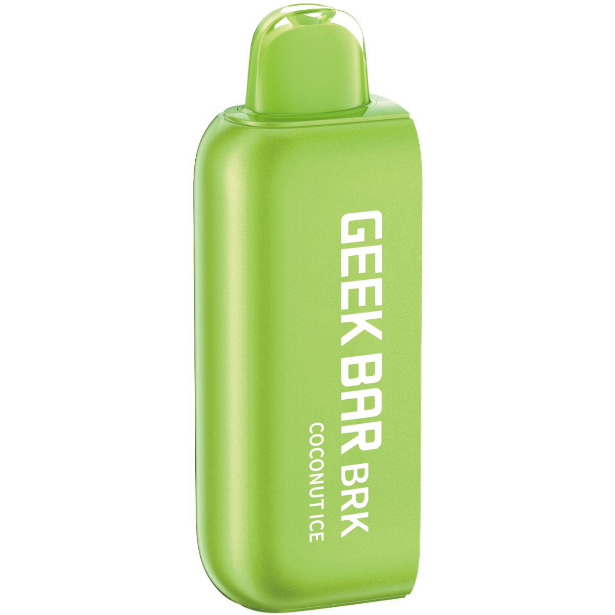 A GEEK BAR BRK pod in green color with the text 'GEEK BAR BRK COCONUT ICE' printed on it.