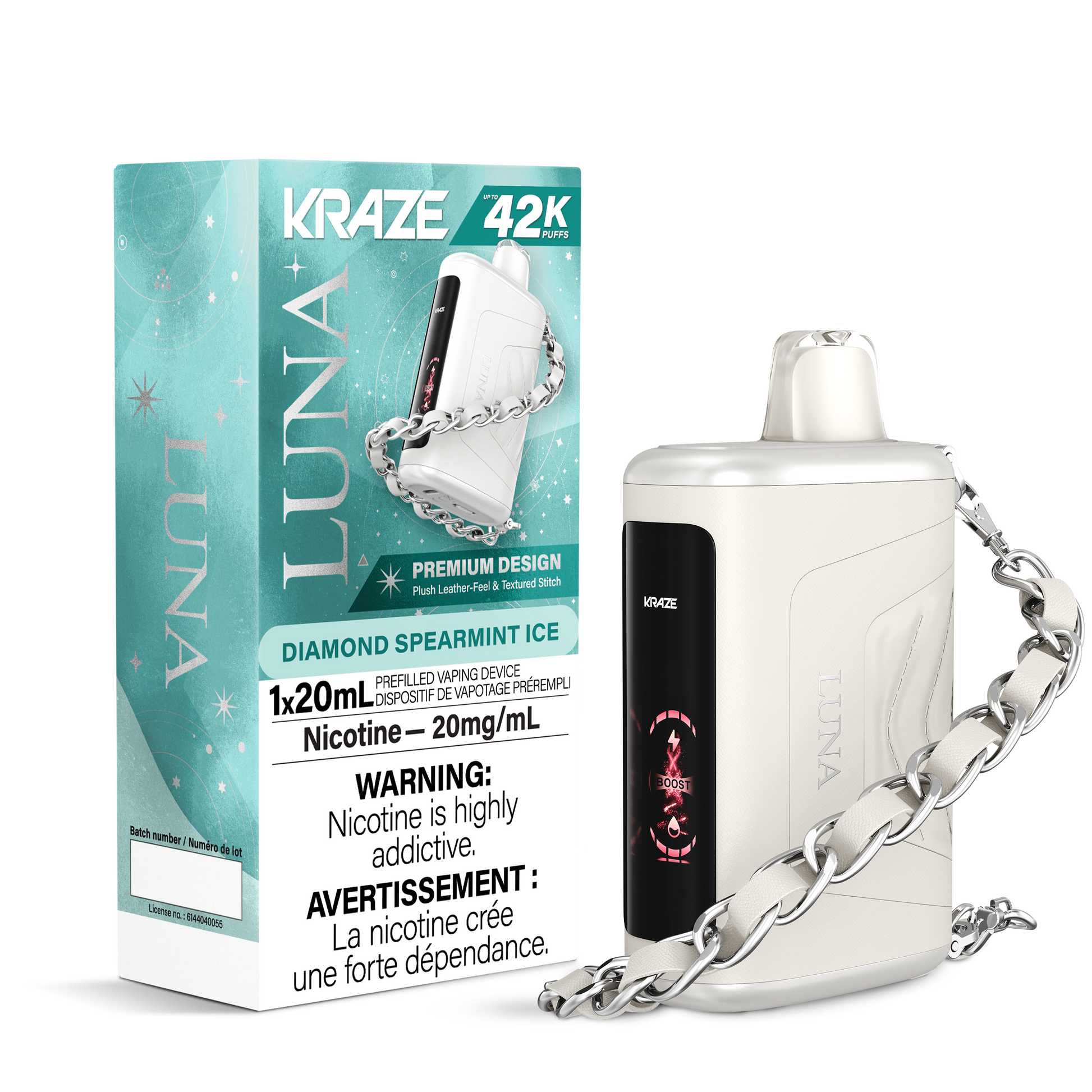 Kraze Luna 42K Disposable Vape Diamond Spearmint Ice – ultra-capacity 42,000-puff device, dual mesh coil, OLED screen, Type-C recharge; crisp spearmint with frosty menthol finish.