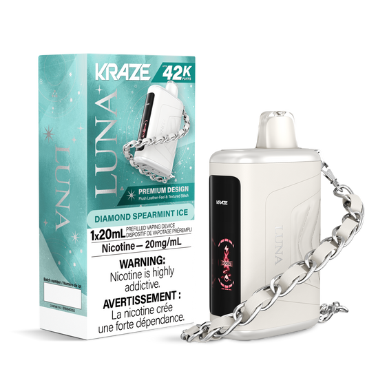 Kraze Luna 42K Disposable Vape Diamond Spearmint Ice – ultra-capacity 42,000-puff device, dual mesh coil, OLED screen, Type-C recharge; crisp spearmint with frosty menthol finish.