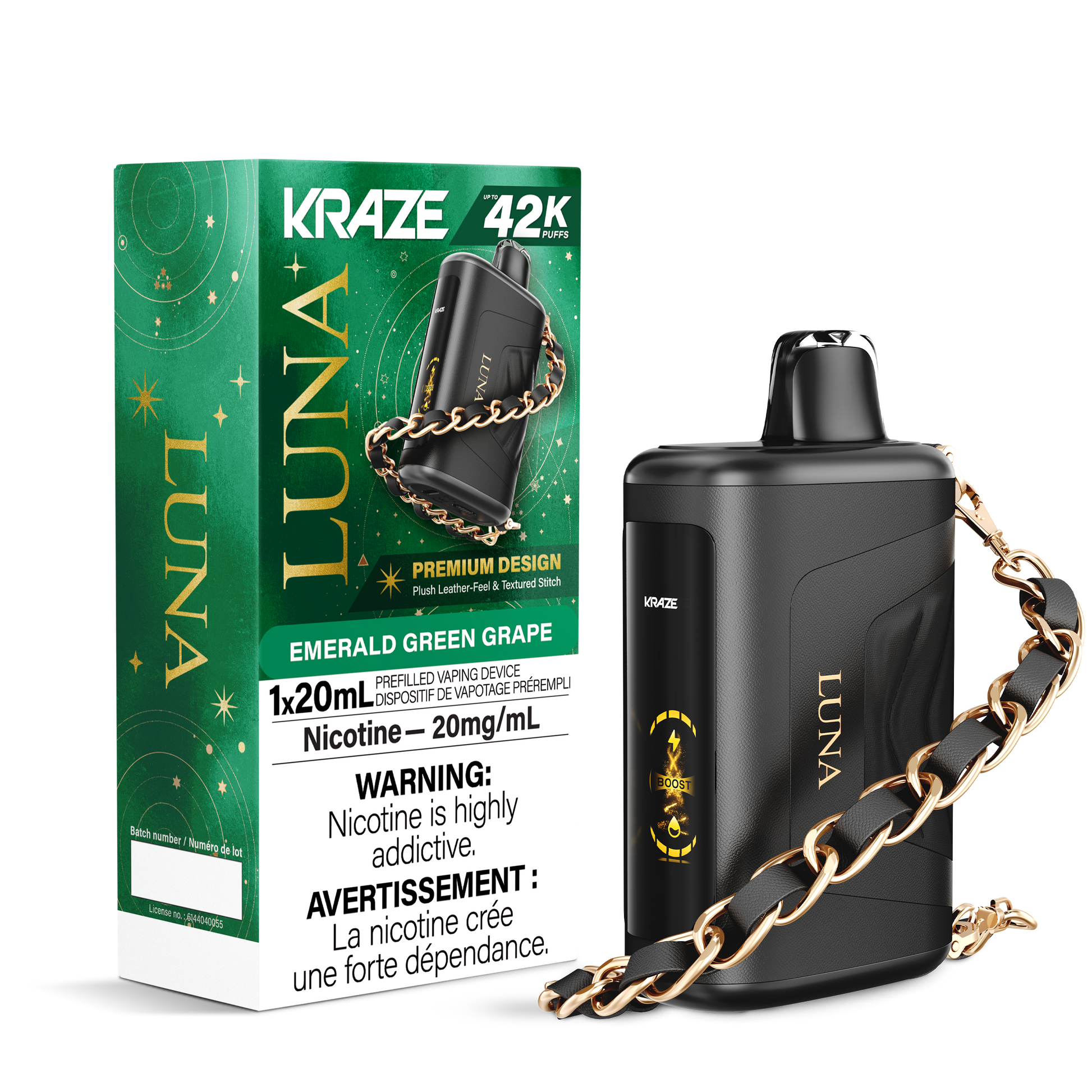 Kraze Luna 42K Disposable Vape – ultra-capacity 42,000-puff device with high-performance dual mesh coil, OLED screen, Type-C recharge and premium luxury finish.