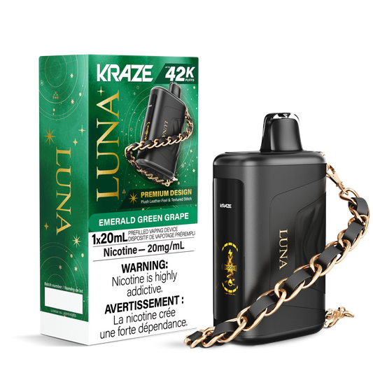 Kraze Luna 42K Disposable Vape – ultra-capacity 42,000-puff device with high-performance dual mesh coil, OLED screen, Type-C recharge and premium luxury finish.
