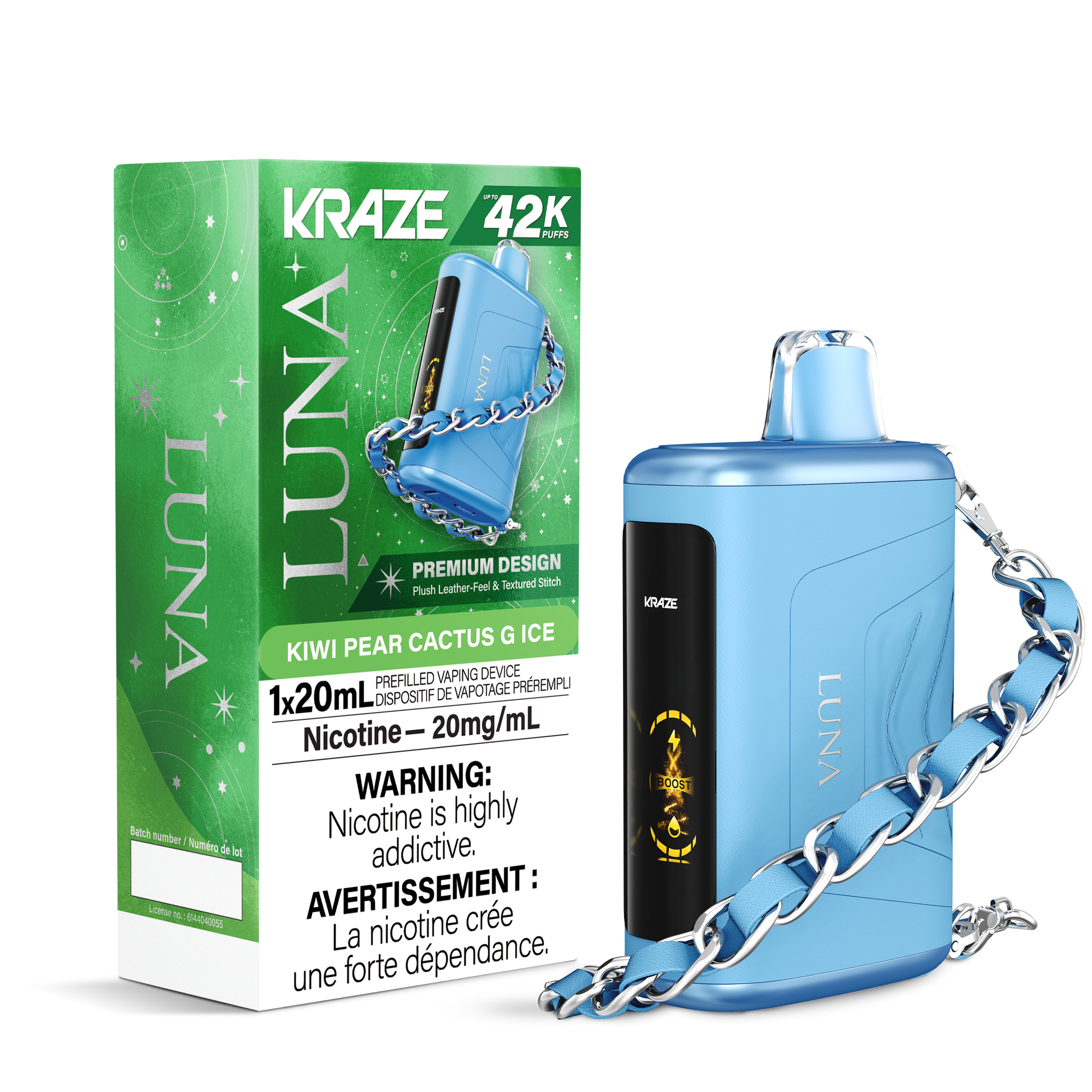Kraze Luna 42K Disposable Vape – ultra-capacity 42,000-puff device with high-performance dual mesh coil, OLED screen, Type-C recharge and premium luxury finish.