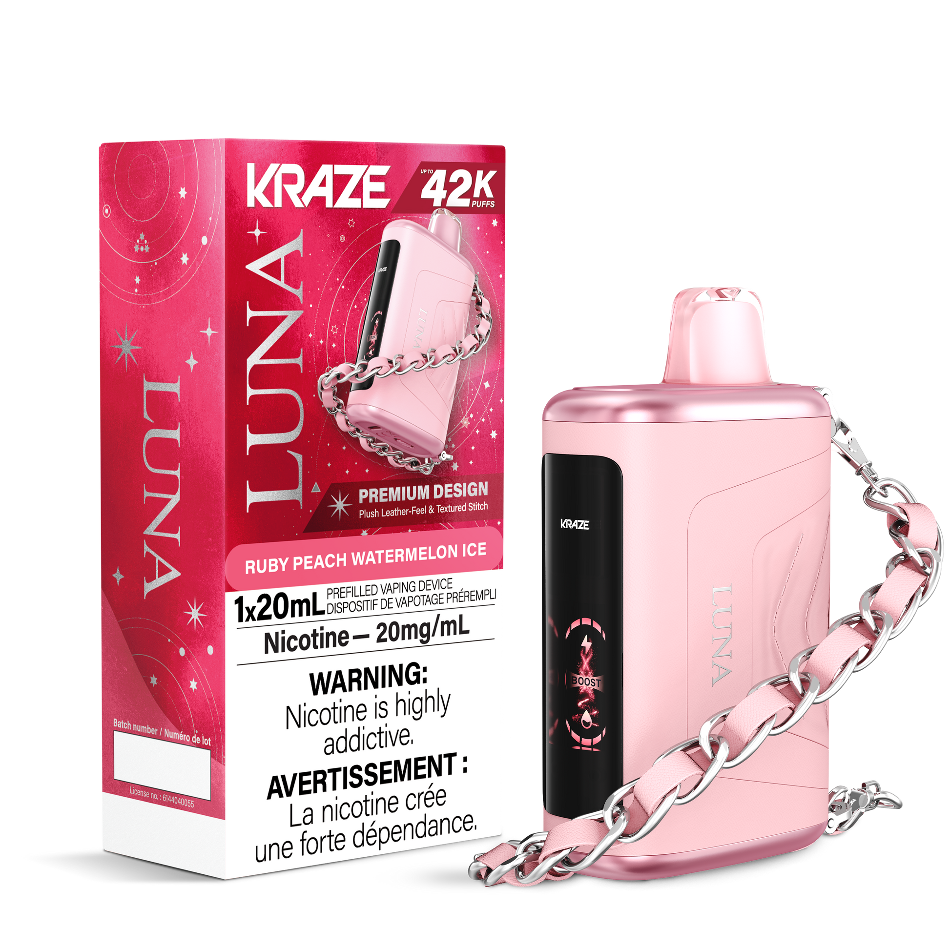 Kraze Luna 42K Disposable Vape – ultra-capacity 42,000-puff device with high-performance dual mesh coil, OLED screen, Type-C recharge and premium luxury finish.