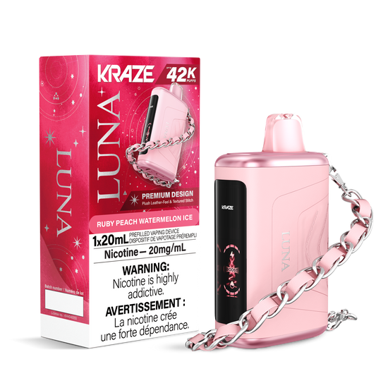 Kraze Luna 42K Disposable Vape – ultra-capacity 42,000-puff device with high-performance dual mesh coil, OLED screen, Type-C recharge and premium luxury finish.