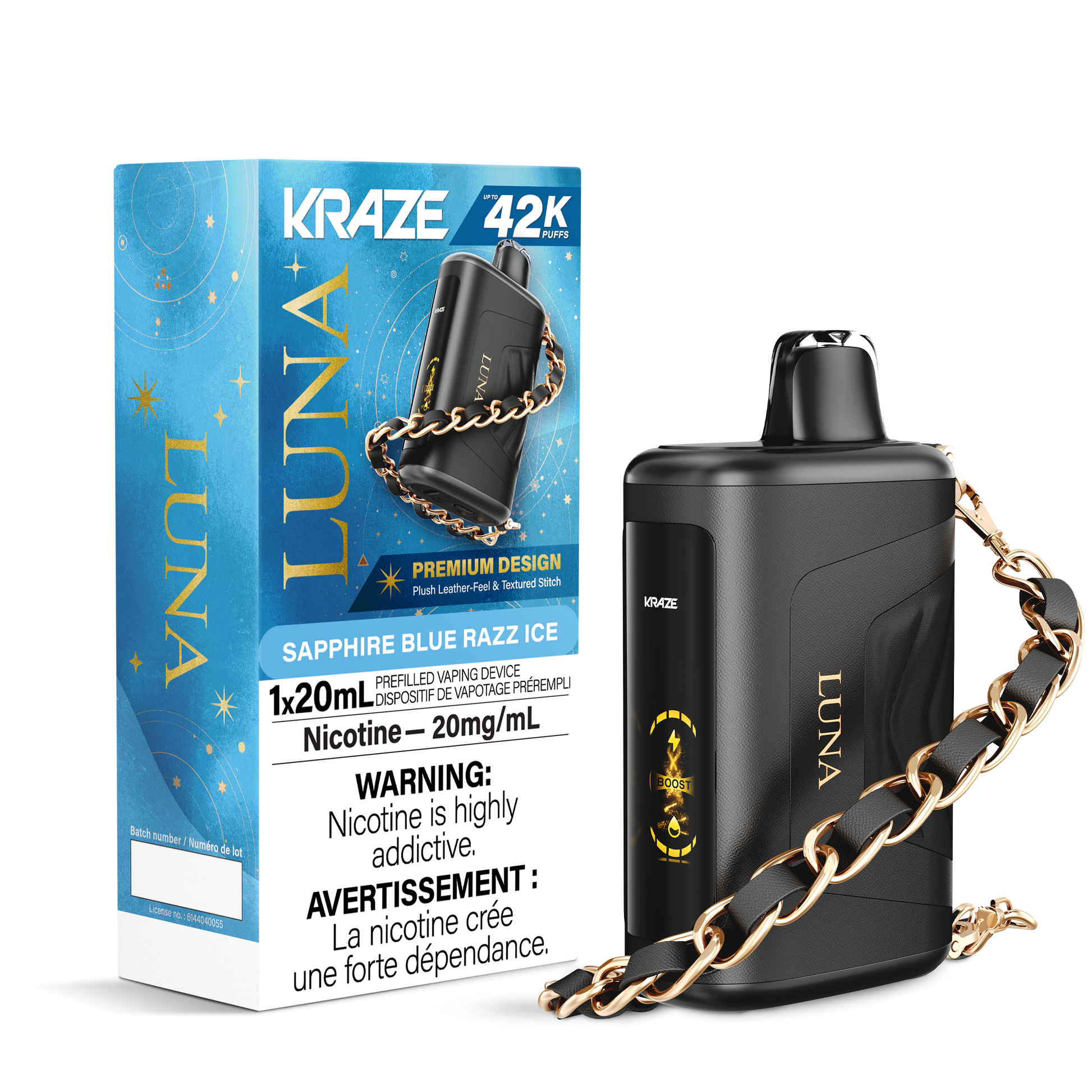 Kraze Luna 42K Disposable Vape – ultra-capacity 42,000-puff device with high-performance dual mesh coil, OLED screen, Type-C recharge and premium luxury finish.