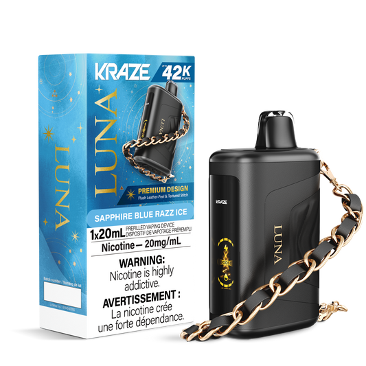Kraze Luna 42K Disposable Vape – ultra-capacity 42,000-puff device with high-performance dual mesh coil, OLED screen, Type-C recharge and premium luxury finish.