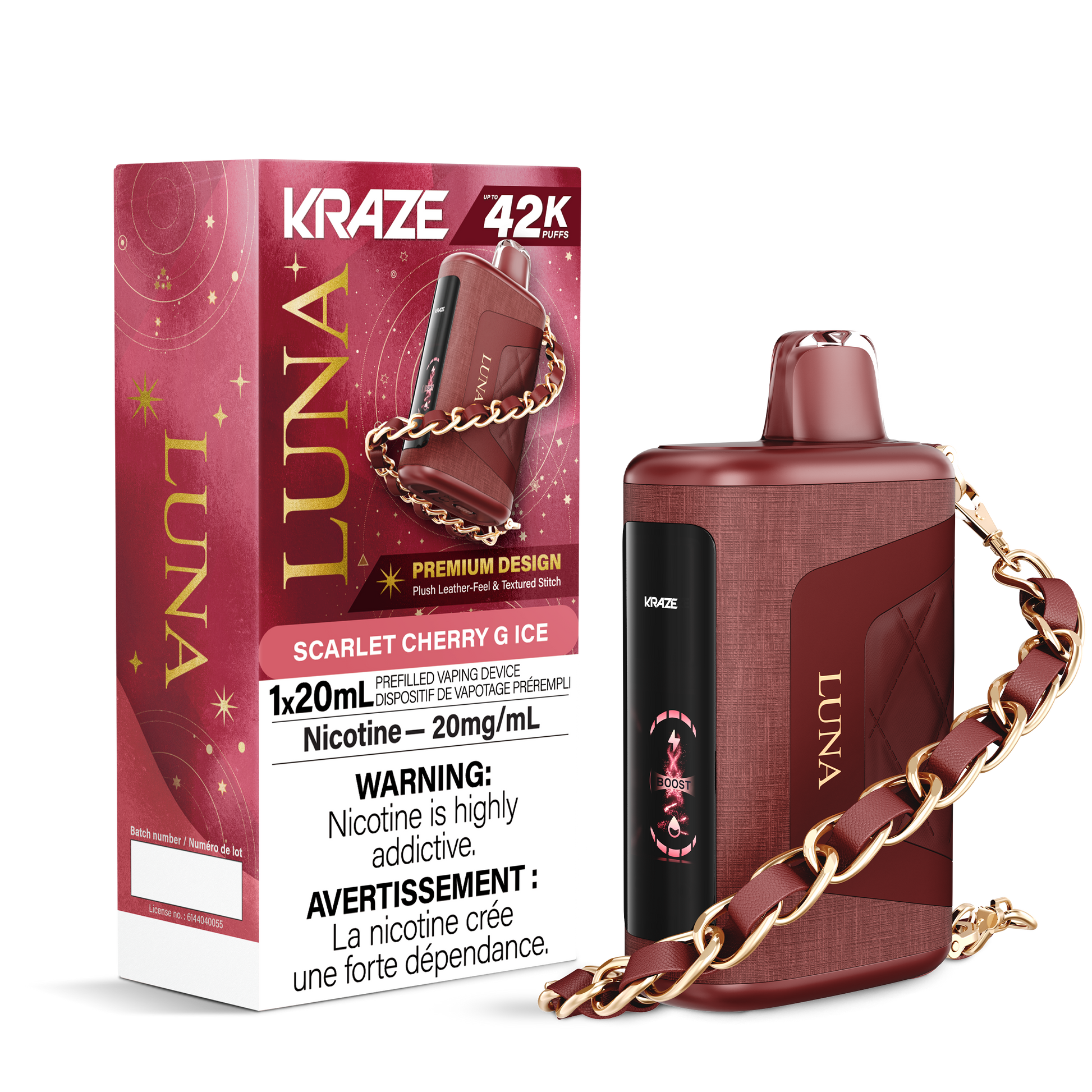 Kraze Luna 42K Disposable Vape – ultra-capacity 42,000-puff device with high-performance dual mesh coil, OLED screen, Type-C recharge and premium luxury finish.