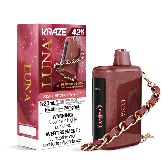 Kraze Luna 42K Disposable Vape – ultra-capacity 42,000-puff device with high-performance dual mesh coil, OLED screen, Type-C recharge and premium luxury finish.