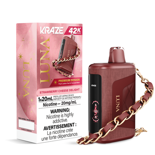 Kraze Luna 42K Disposable Vape – ultra-capacity 42,000-puff device with high-performance dual mesh coil, OLED screen, Type-C recharge and premium luxury finish.