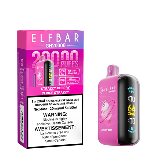 Elf Bar GH20000 Strazzy Cherry delivers up to 20,000 puffs of sweet strawberry and cherry flavor with customizable modes and rich vapor.