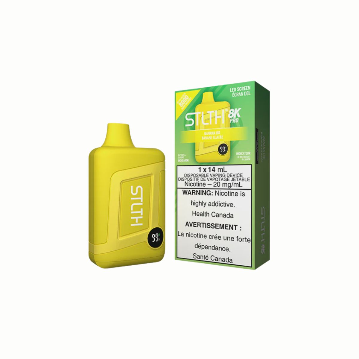 STLTH 8K PRO Banana Ice disposable vape device in yellow packaging with health warnings.