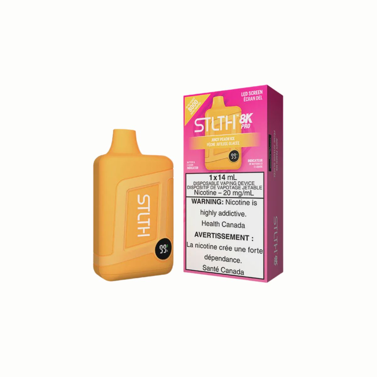 STLTH 8K PRO Disposable vape device in Juicy Peach Ice flavor with innovative LED screen and packaging.