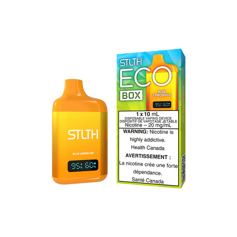 Explore the STLTH ECO BOX Disposable — 10 mL flavour capacity, rechargeable USB-C, LED screen with real-time battery & e-liquid levels, and adjustable airflow for your style.