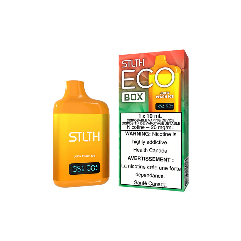 Explore the STLTH ECO BOX Disposable — 10 mL flavour capacity, rechargeable USB-C, battery & e-liquid levels, and adjustable airflow for your style.