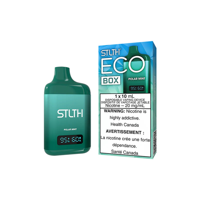 Explore the STLTH ECO BOX Disposable — 10 mL flavour capacity, rechargeable USB-C, battery & e-liquid levels, and adjustable airflow for your style.