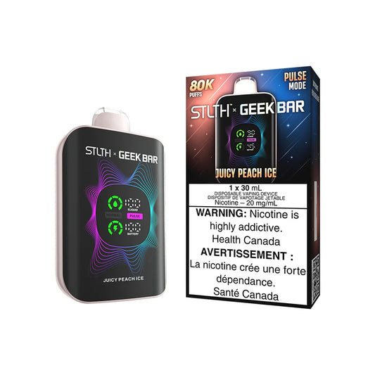 STLTH x Geekbar 80K - Juicy Peach Ice device with vibrant design and warning label.
