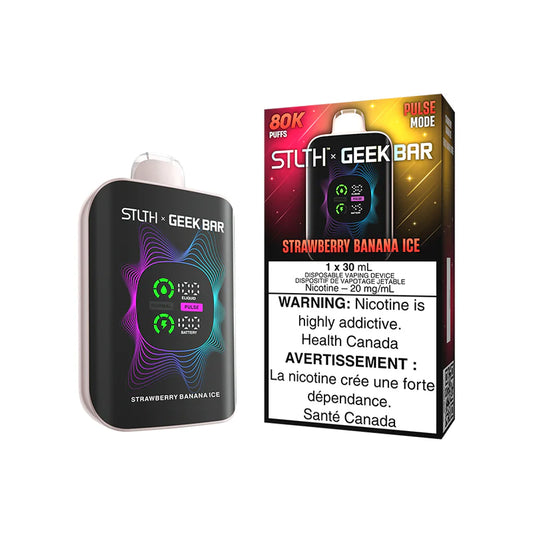 STLTH x Geekbar 80K - Strawberry Banana Ice device with vibrant design and warning label.