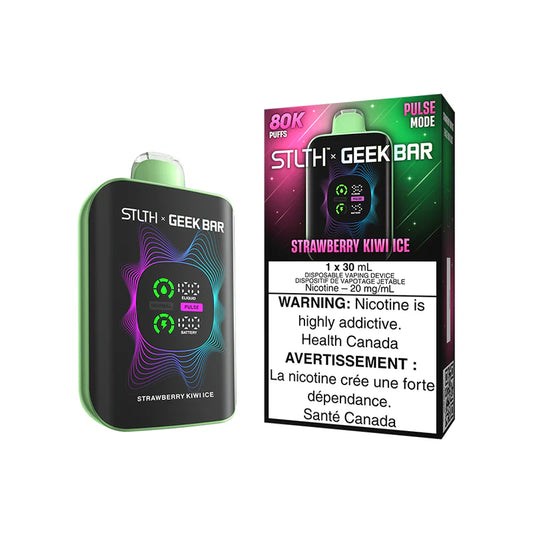 STLTH x Geekbar 80K - Strawberry Kiwi Ice device with vibrant design and warning label.