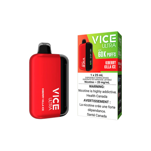 Vice Ultra Disposable - Kiberry Killa Ice liquid vape device packaging with bold design and warnings.