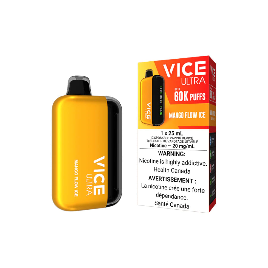 Vice Ultra Disposable in Mango Flow Ice flavor packaging with vibrant orange design and nicotine warning.