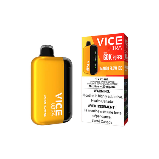 Vice Ultra Disposable in Mango Flow Ice flavor packaging with vibrant orange design and nicotine warning.
